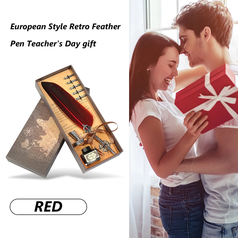 

Retro Calligraphy Feather Dip Pen with 5 Nib Set Quill Fountain Writing Creative Vintage Stationery Classic Gift Box without Ink