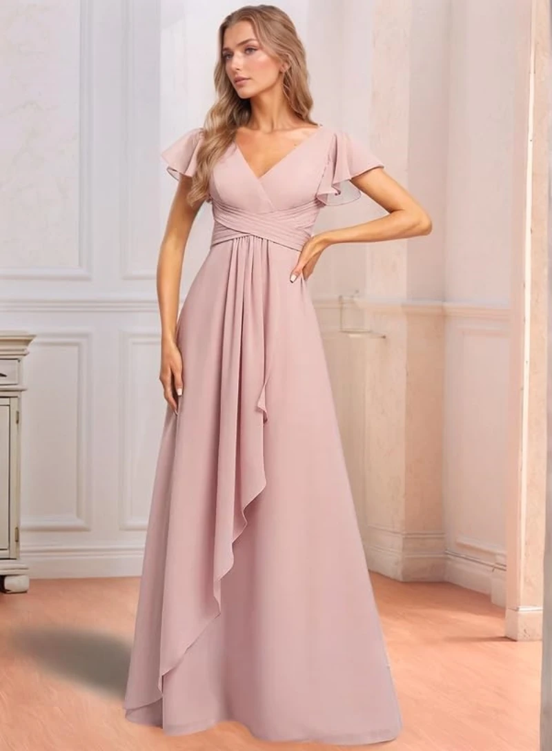 

Chiffon Bridesmaid Dresses for Women Long Ruffles V-Neck Formal Maxi Agave Wedding Party Gowns