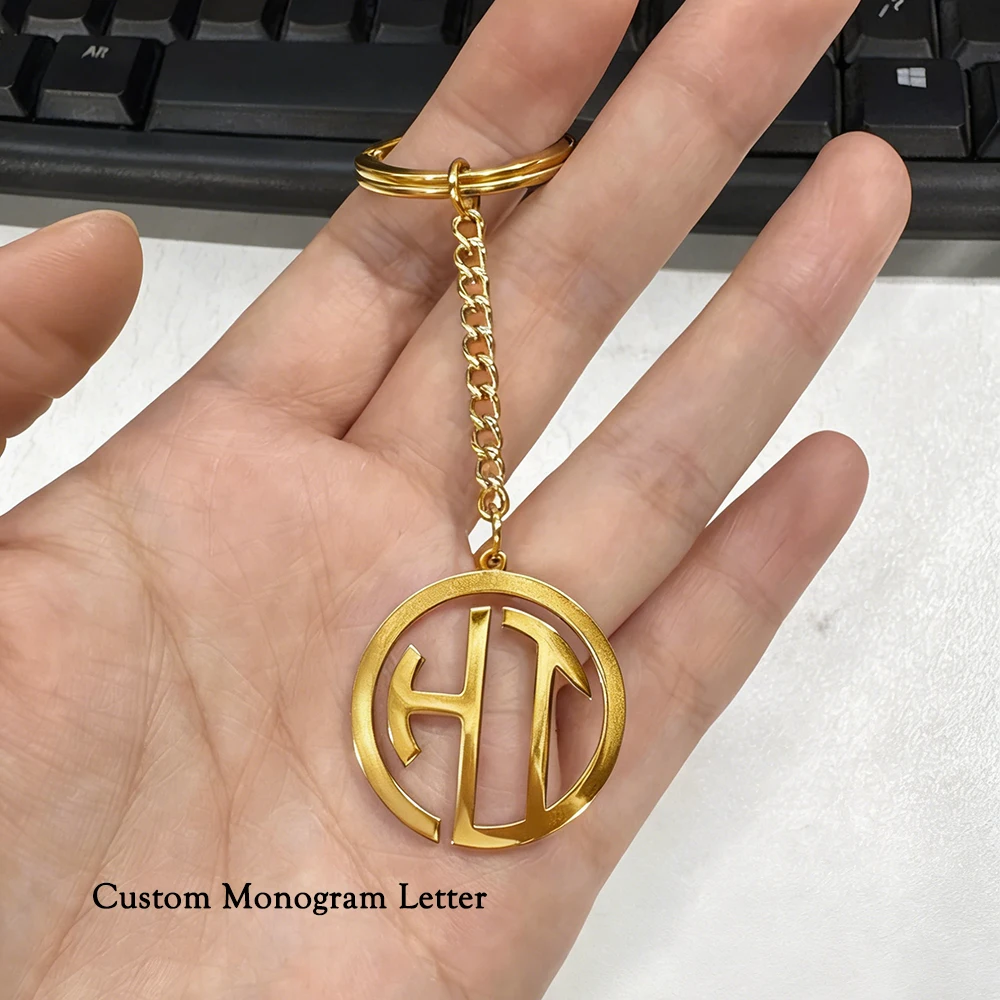 Custom Round Monogram Letter Keychain Stainless Steel Outdoor Backpack Tag Team Name Key Jewelry Accessories Gifts Waterproof