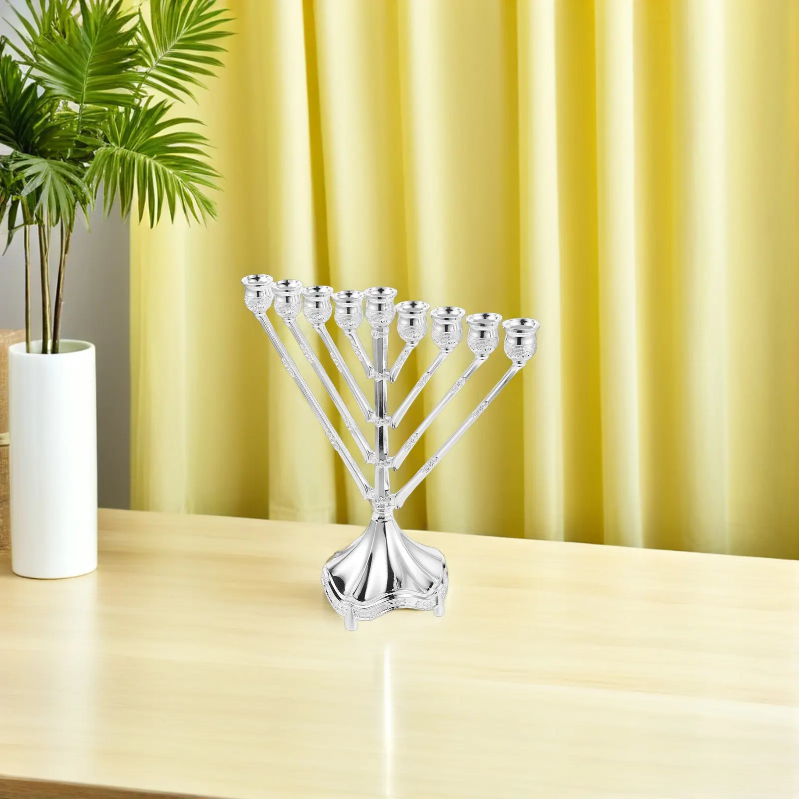 Elegant Vintage Style Metal Menorah for Chanukah Holiday Fireplace Mantle Display Festive Judaica Centerpiece Silver Plated