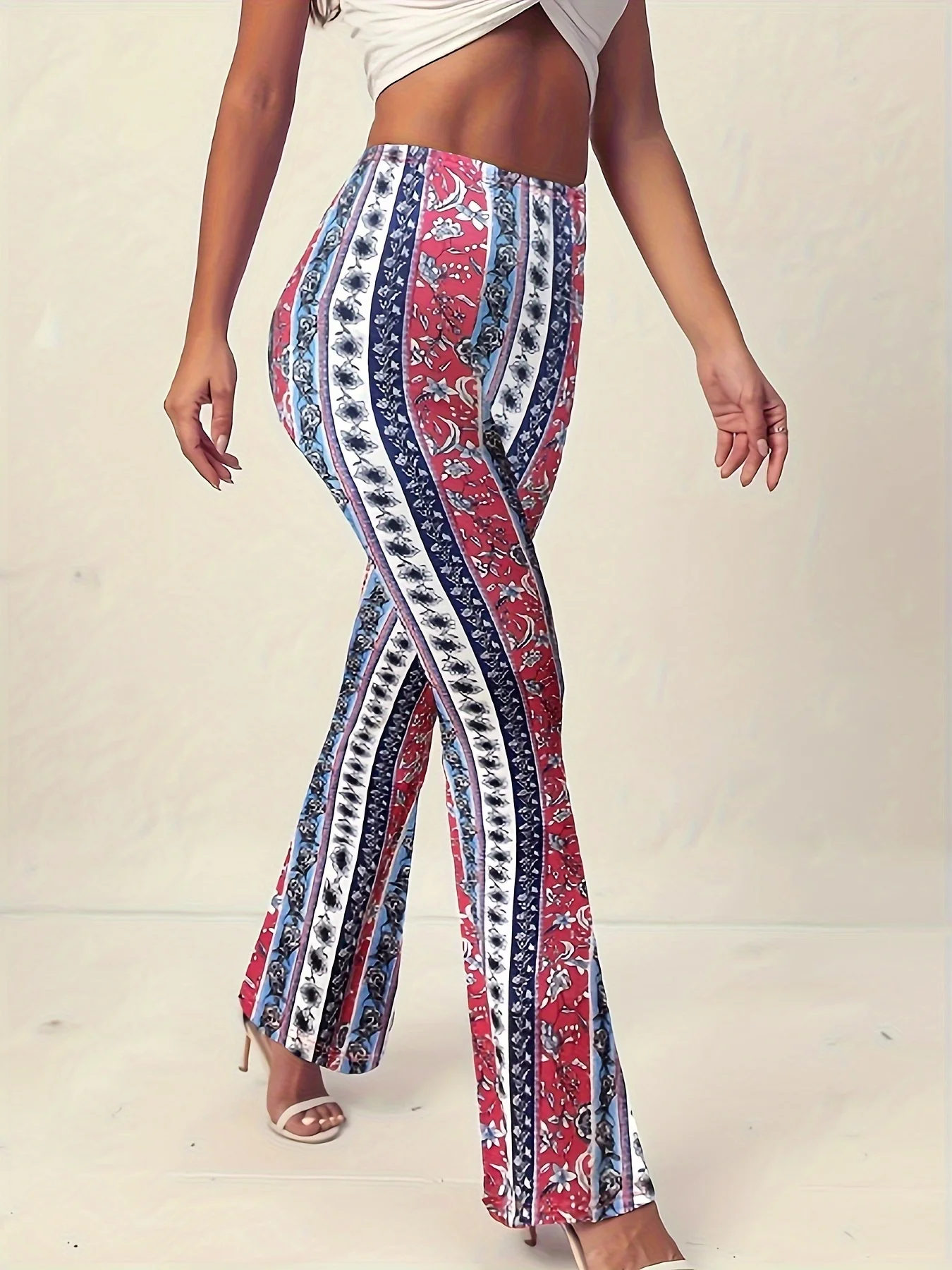 Women's Elegant Floral Print Flared Pants Casual Leggings Fashionable Women's Comfortable Long Pants