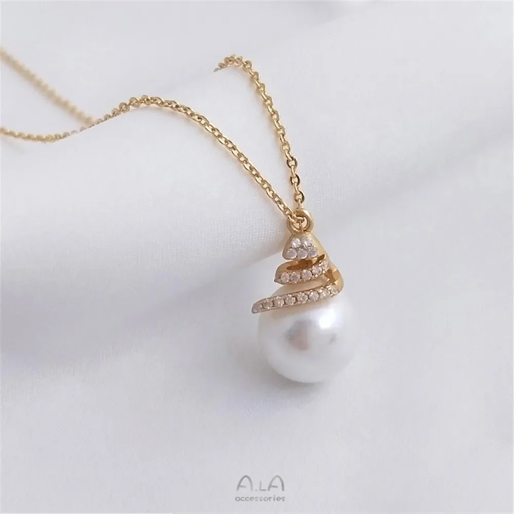 14K Gold Plated Micro-inlaid zircon crystal pearl pendant with half hole spiral empty pendant DIY hand stick bead