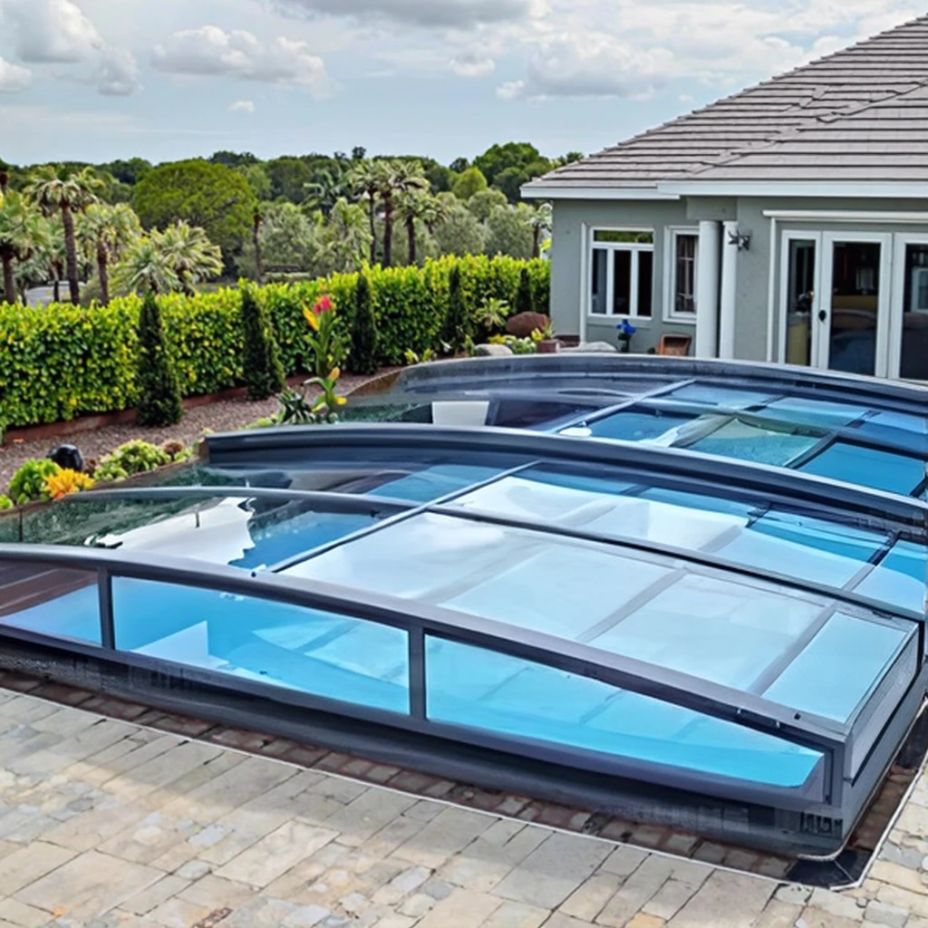 

Multifunctional Polycarbonate Pool Cover Retractable Folding Pool Enclosure for Outdoor Running Pool for Villas Hotels Flat Roof