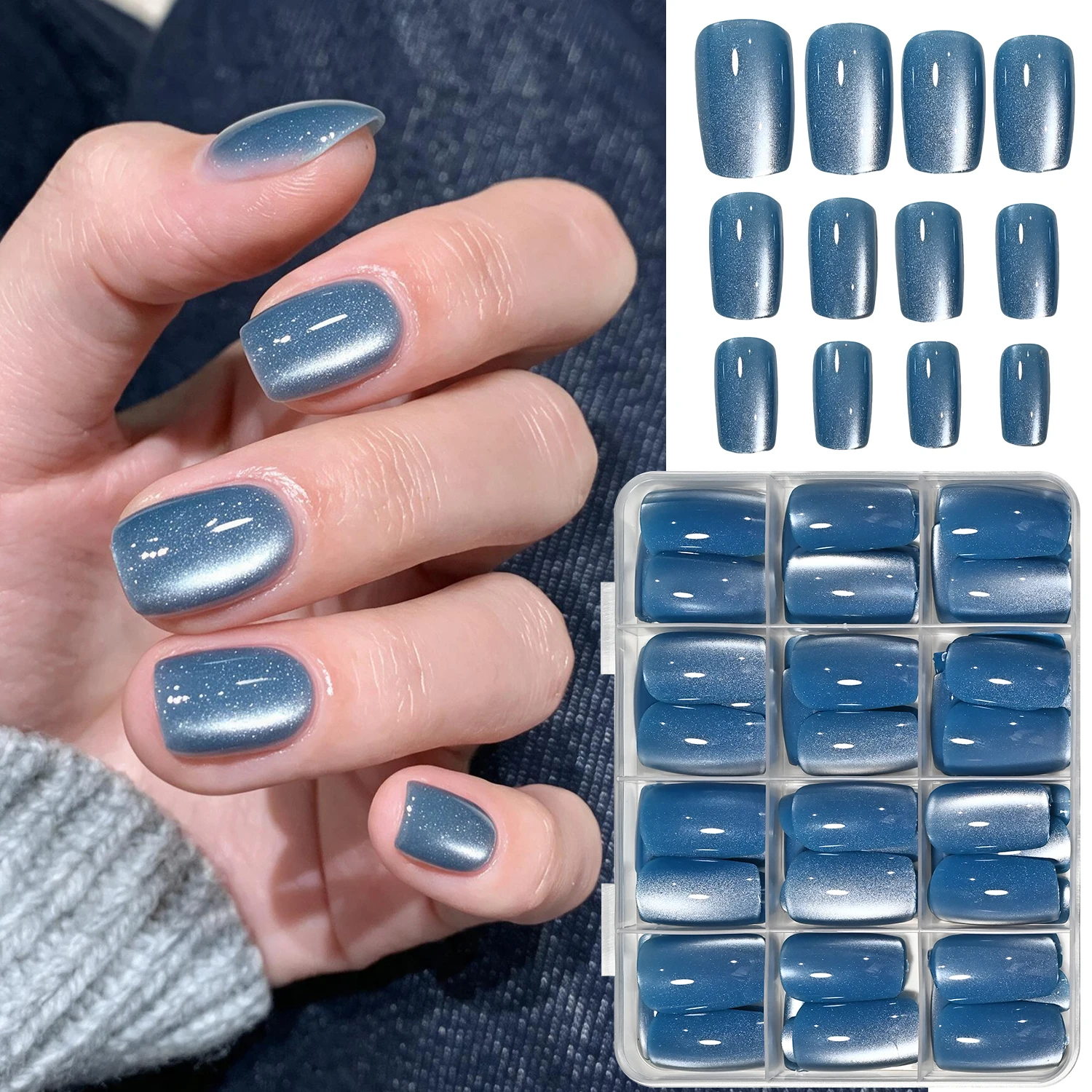 144Pcs Glacier Blue Cat's Eye Press On Nails Medium Short Square Fake Nail Shiny Cat Eye False Fingertips for Elegant Women Wear