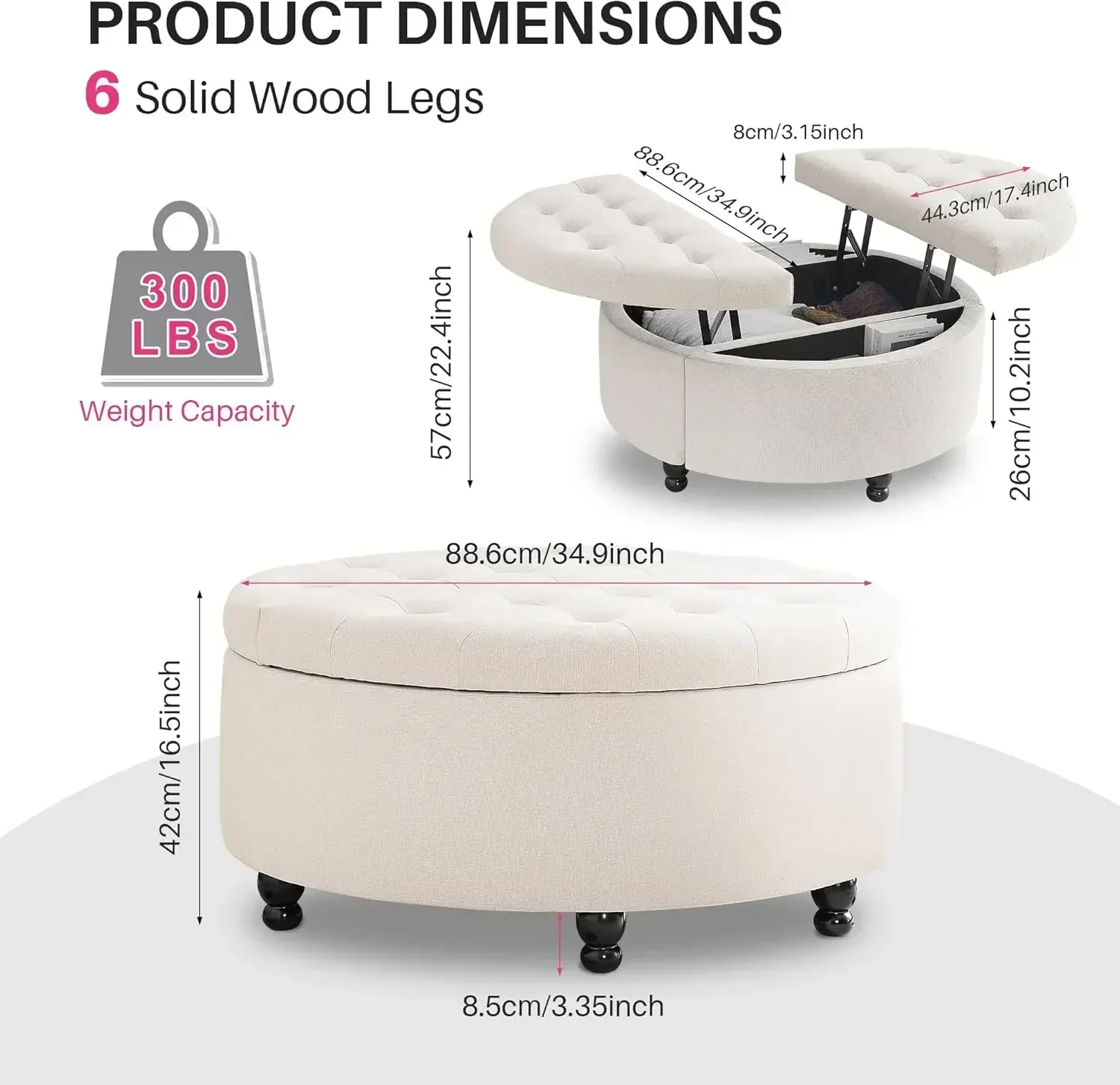 

Hot-sellingRound Storage Ottoman Coffee Table, Upholstered Coffee Table with Lift Top, 35" Large Ottoman with Storage Linen Fabr