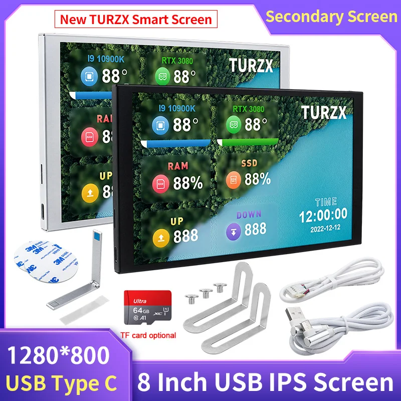 TURZX 8 بوصة شاشة ثانوية 1280x800 IPS الذكية LCD وحدة المعالجة المركزية GPU شاشة ذاكرة الوصول العشوائي دعم أوضاع سطح المكتب لا استخدام AIDA64 للكمبيوتر النافذة