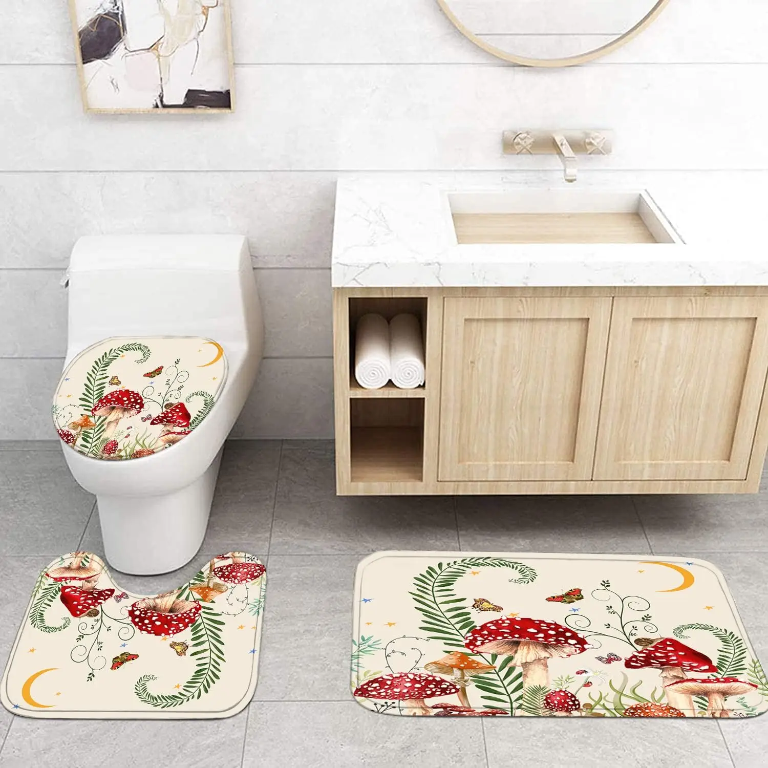 4PCS Mushroom Butterfly Flower Bathroom Shower Curtain Set with Rugs, Toilet Lid Cover and Bath Mat, Moon Stars Shower Curtain