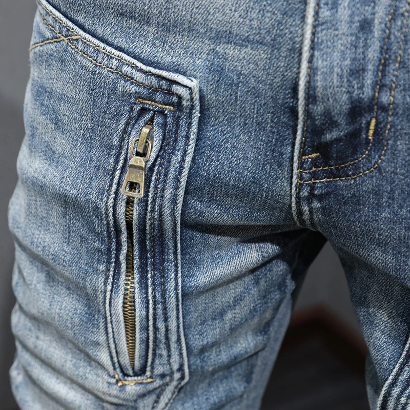 

Street Designer Fashion Men's Jeans Water Washed Elastic Slim Zipper Decoration Retro Blue Jeans Men's Designer Hip Hop Pants y2