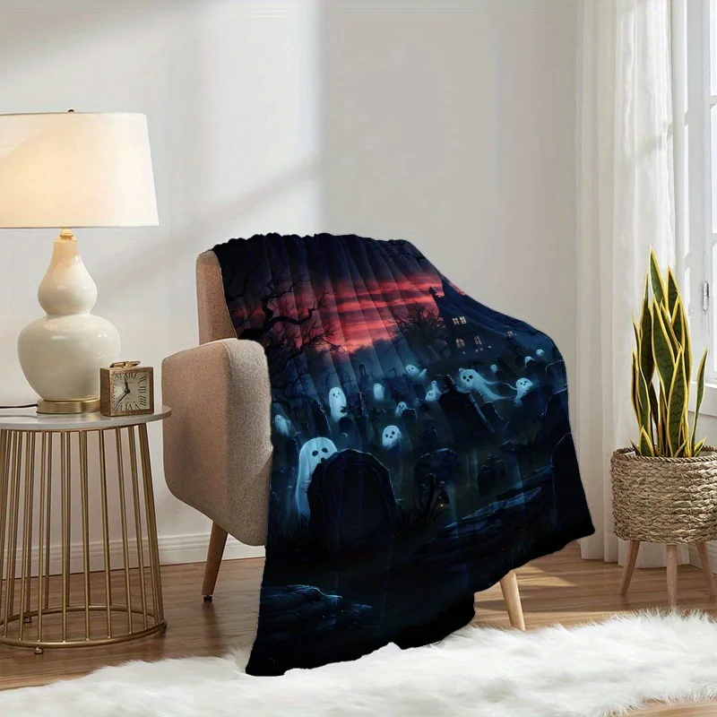 Spooky Ghost Cemetery Haunted Mansion Night Scene Pattern Flannel Blanket Warm Cozy Plush Bed Throw Blanket For Couch Travel
