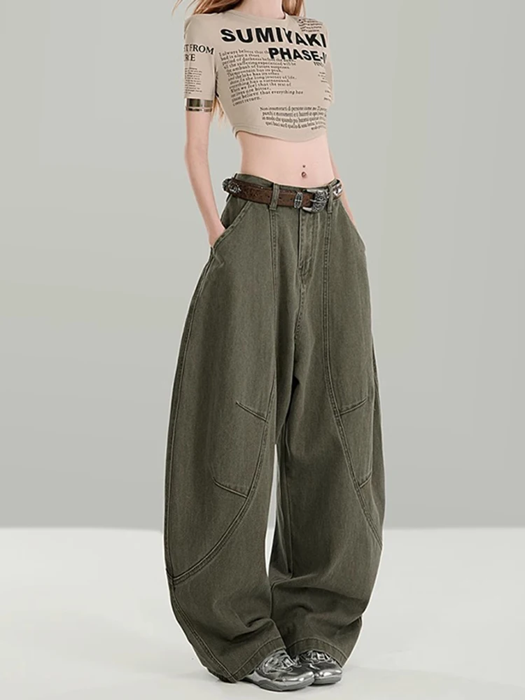 بنطلون جينز نسائي واسع الساق بتصميم عسكري أمريكي عتيق باللون الأخضر، تصميم صيفي فضفاض بخصر مرتفع وساق طويلة #4