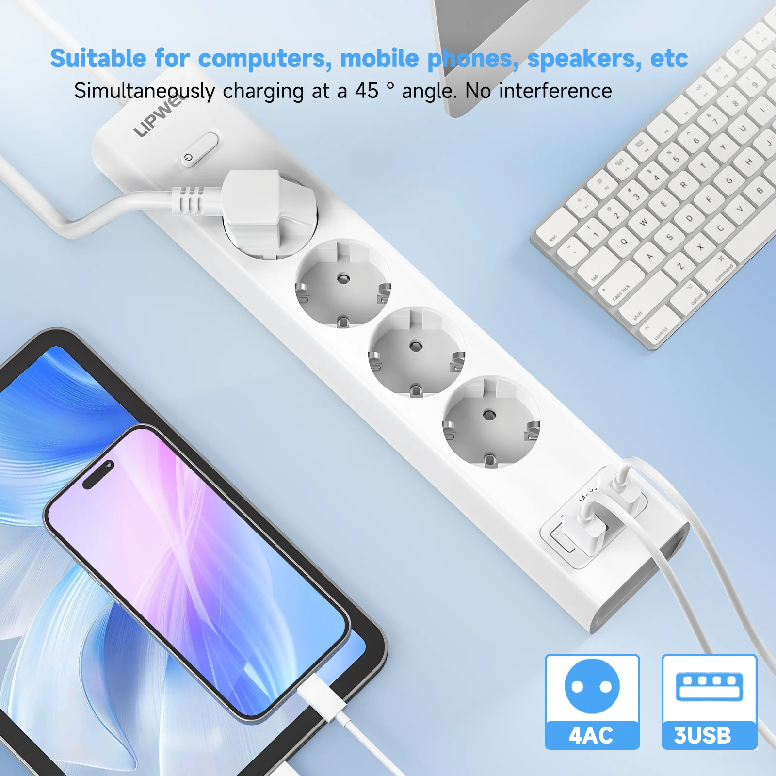 Multi Outlet Power Strip With USB Ports, Wall Mountable For Large Room Home Entertainment And Smart Device Charging