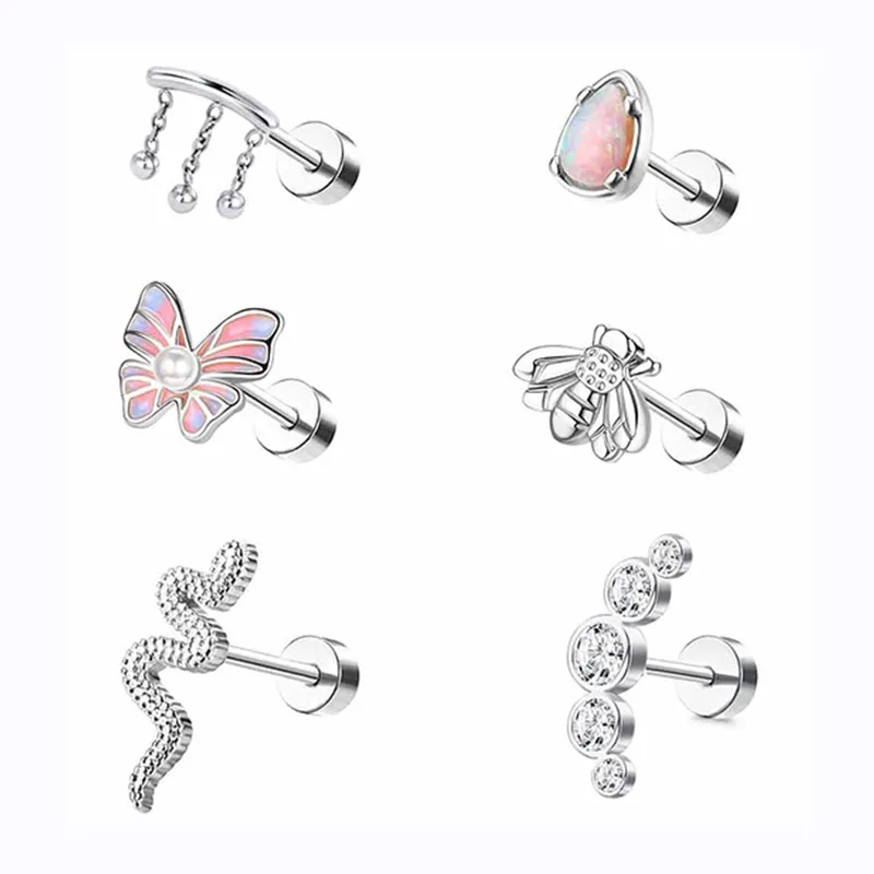 6 pieces of stainless steel stylish earrings, butterfly, snake, bee, opal and drop bead spiral piercing jewelry.