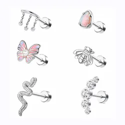 6 pieces of stainless steel stylish earrings, butterfly, snake, bee, opal and drop bead spiral piercing jewelry.