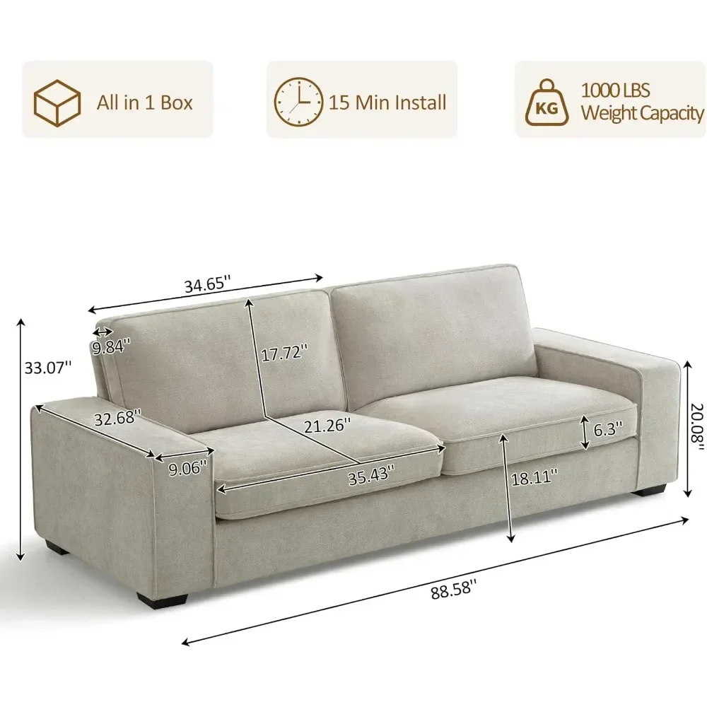 Modern Deep Seat Sofa Couch with Removable Back and Seat Cushions, Comfy Sofa with Wood Legs and Armrest