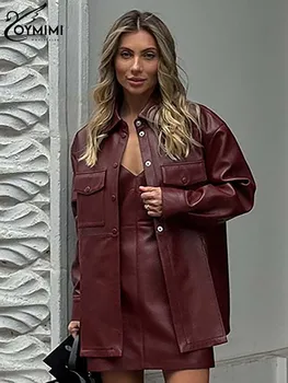 Oymimi Fashion Wine Red Pu Leather Set da due pezzi da donna Camicie eleganti con bottoni a maniche lunghe e set di mini abiti con cinturino per spaghetti