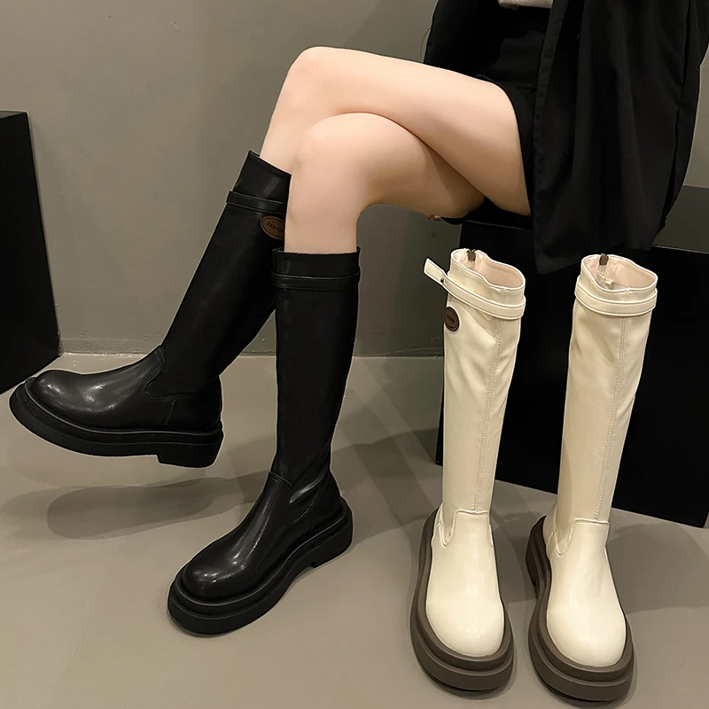 

Дизайнерские женские сапоги до колена на толстом каблуке, модные длинные ботильоны с пряжкой на ремне, зимняя обувь в уличном стиле, Zapatos De Mujer