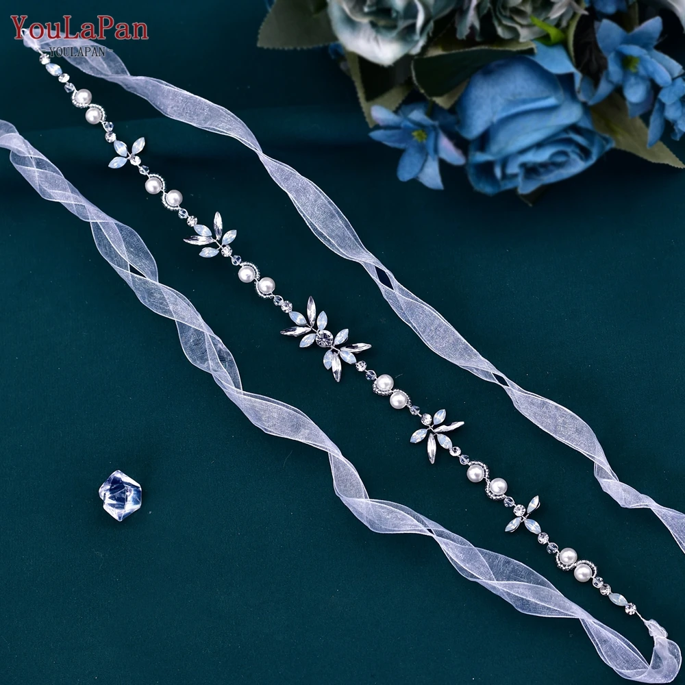 YouLaPan Pearl Crystal Belt for Wedding Dress Bridal Sash Bridesmaid Women Evening Gown Sash Belt with Organza Ribbon SH132