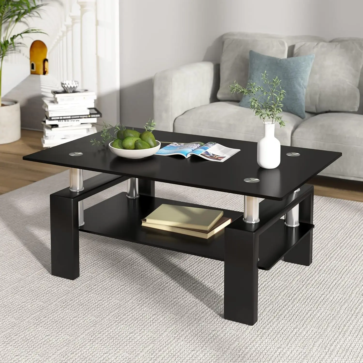 Meihua Rectangle Glass Coffee Table 2-Tier Tea Table Modern Side Coffee Table for Living Room (All Black)