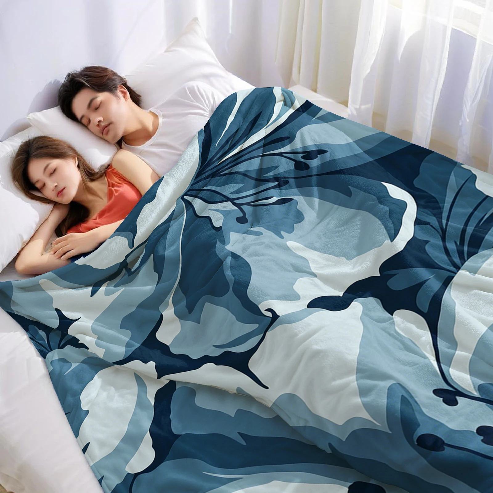 Blue Monochrome Lily Cartoon Anime Print Flannel Blanket Soft Warm Throw for Kids Bedroom Sofa Bed Christmas Office Car