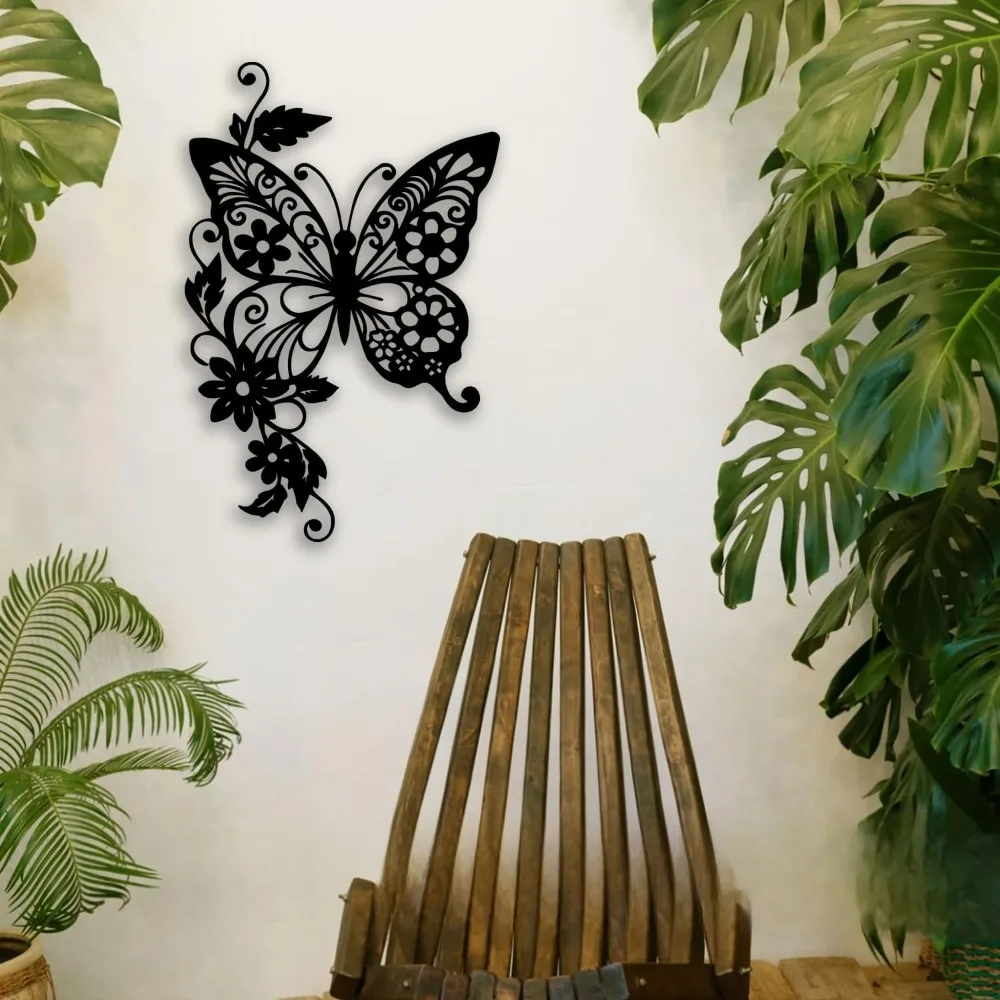 CIFBUY Butterfly Flower Metal Wall Art Elegant Black Decor Indoor Outdoor Hanging Ornament for Living Room Bedroom Garden