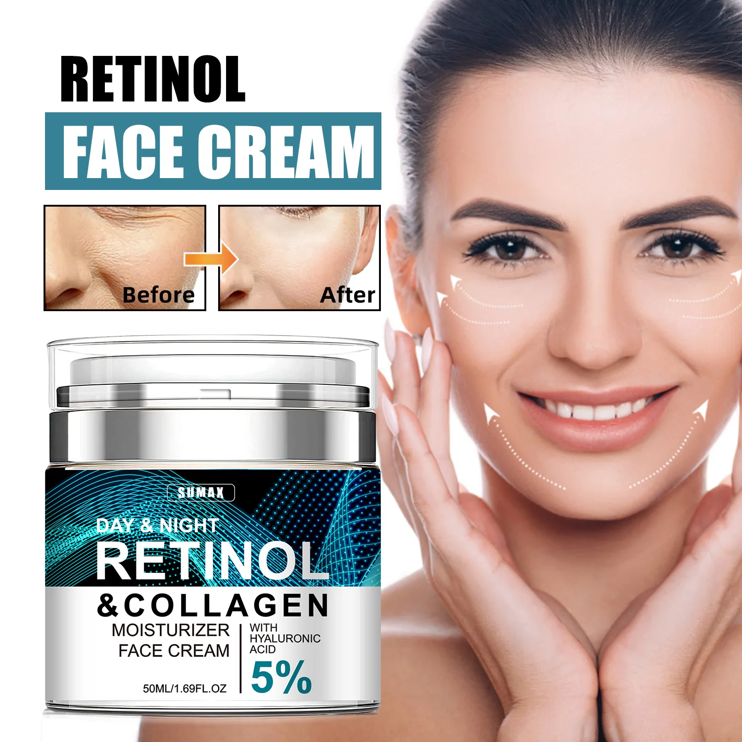 Creme facial de colágeno com 50 ml de retinol e ácido hialurônico, rosto anti-envelhecimento, hidratante dia e noite