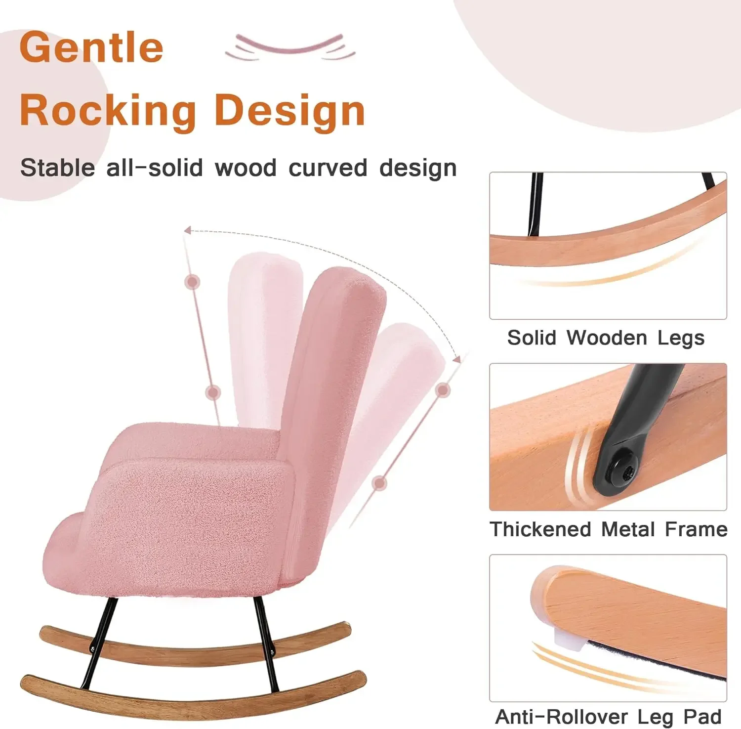 Leather Rocking Chair Nursery Glider Accent Rocker Modern Upholstered High Back USB Port and Side Pocket Armchair, Wood Legs