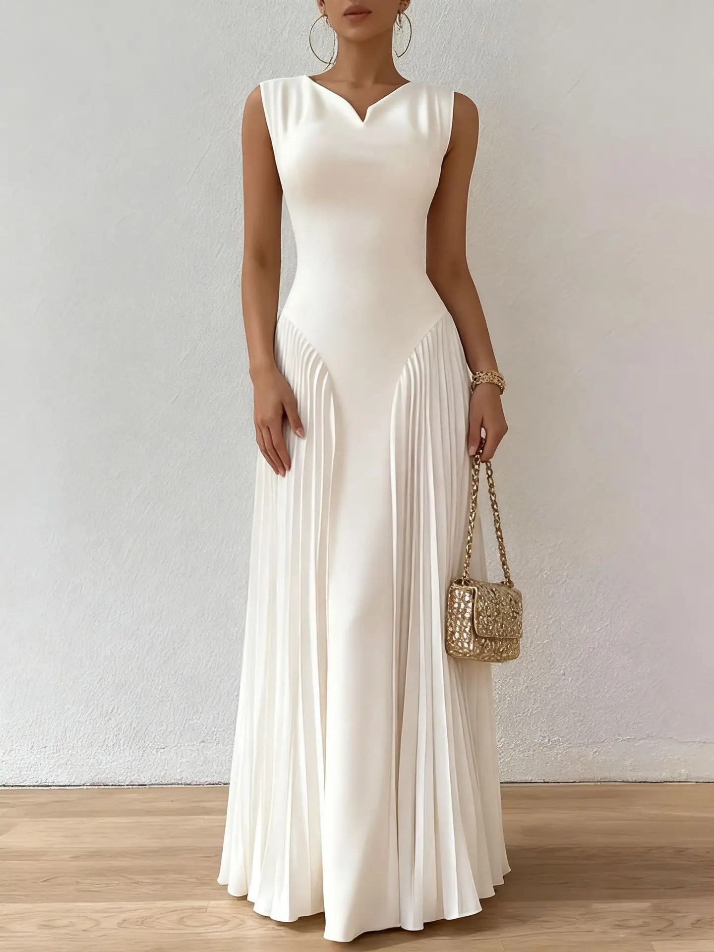 Elegant Dress Solid Color Pleated Waist Dress 2026 New European and American Women's Clothing Vestidos