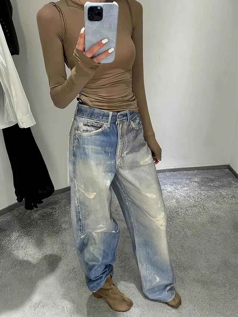 

Женские джинсы в стиле ретро High Street, с эффектом потертости, длиной в пол, винтажный дизайн, повседневные, с высокой талией, на молнии, на все сезоны