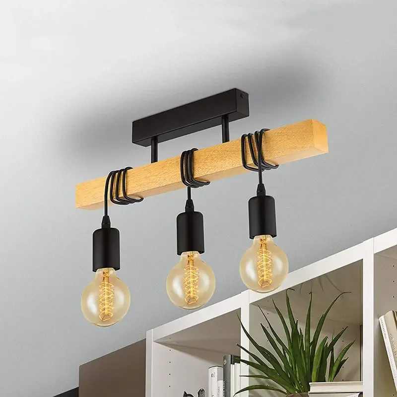 

Creative Wood Chandelier Retro Industrial Style Solid Wood Primary Color Restaurant Lamp Suction And Hanging Dual-Purpose Lamp