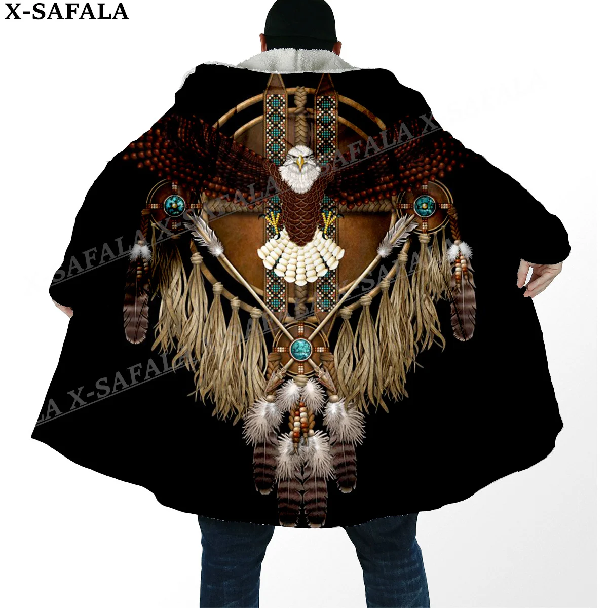 Native Feather Eagle Dream Catcher Print Thick Warm Hooded Cloak Men Overcoat Coat Windproof Fleece Cape Robe Hooded Blanket-5