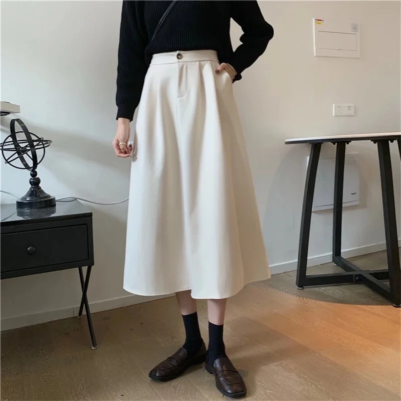 Casual Midi Long A-line Skirt Women 2022 New Spring All-Match Skirt High Waist Velvet Pleated Skirt Female