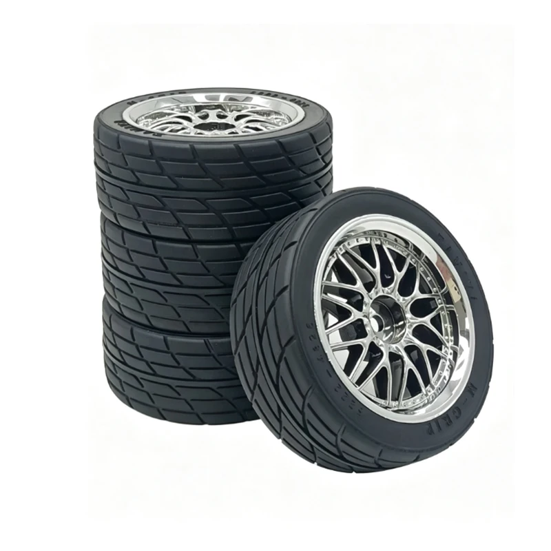 4PCS RC Drift Tires 1/10 Scale Metal Wheel Rims High Grip Hard Pattern Rubber Tyres Set for On Road Racing Car Upgrade Parts