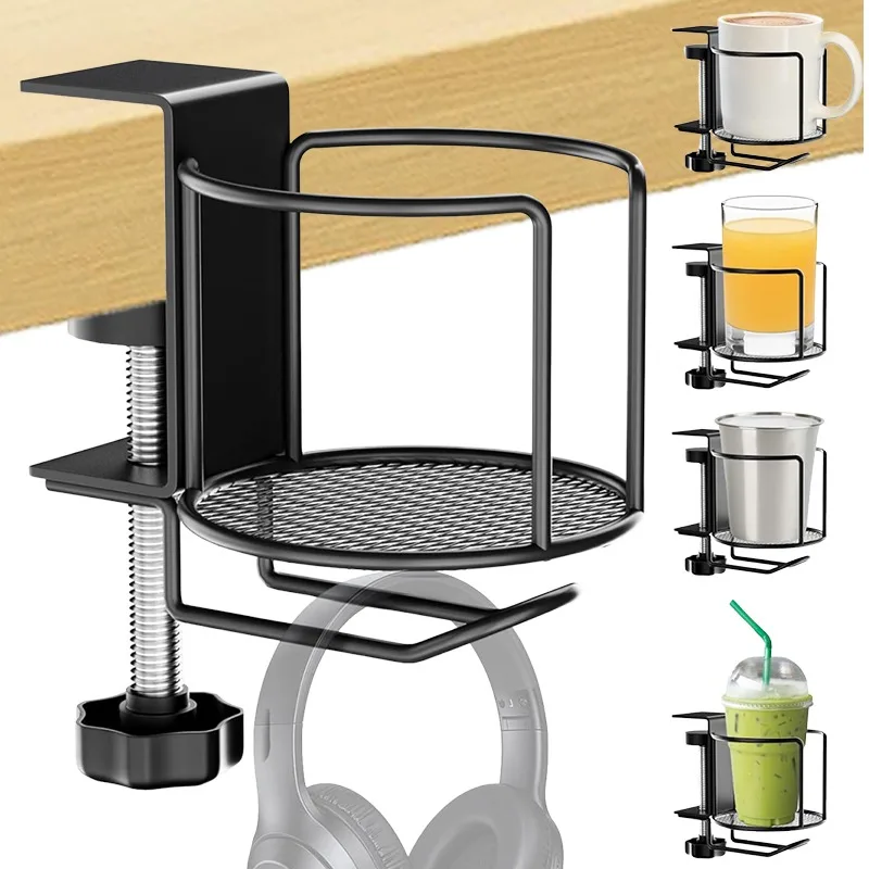 

2-in-1 Desk Cup Holder With Hanger No Drill Table Edge Clamp On Water Bottle Holders 360° Rotation Adjustable Drinking Holders