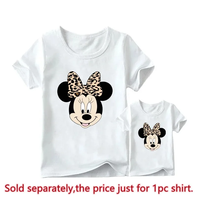 New Leopard Minnie Mouse Print Kawai Mother Kids Family Matching Outfits Disney Tops White Short Sleeve Mom and Daughter Clothes