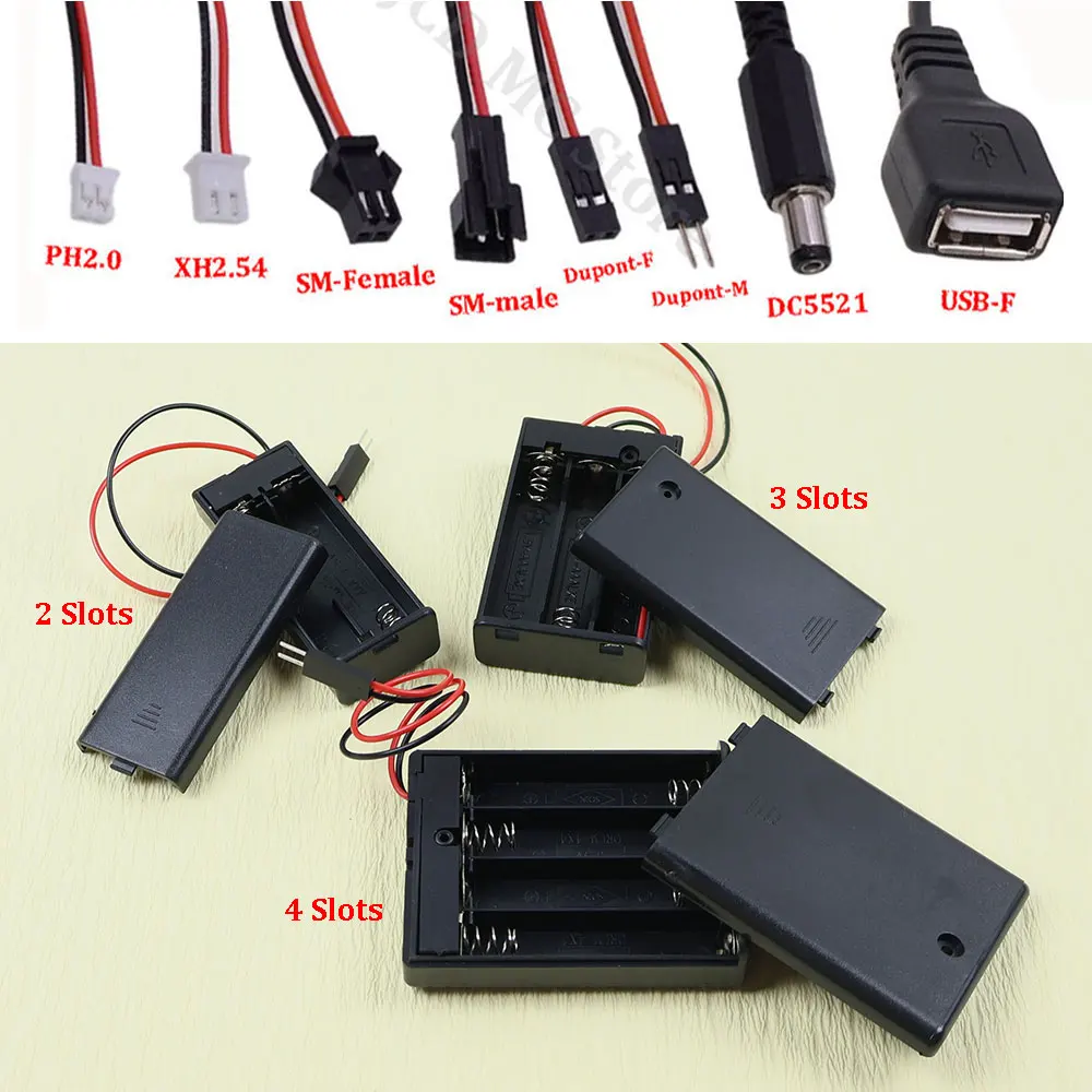 AAA Battery Holder/Storage Case Box With Cover Switch PH2.0/XH2.54/SM/Jumper Male/Female/DC5521/USB Plug Connector