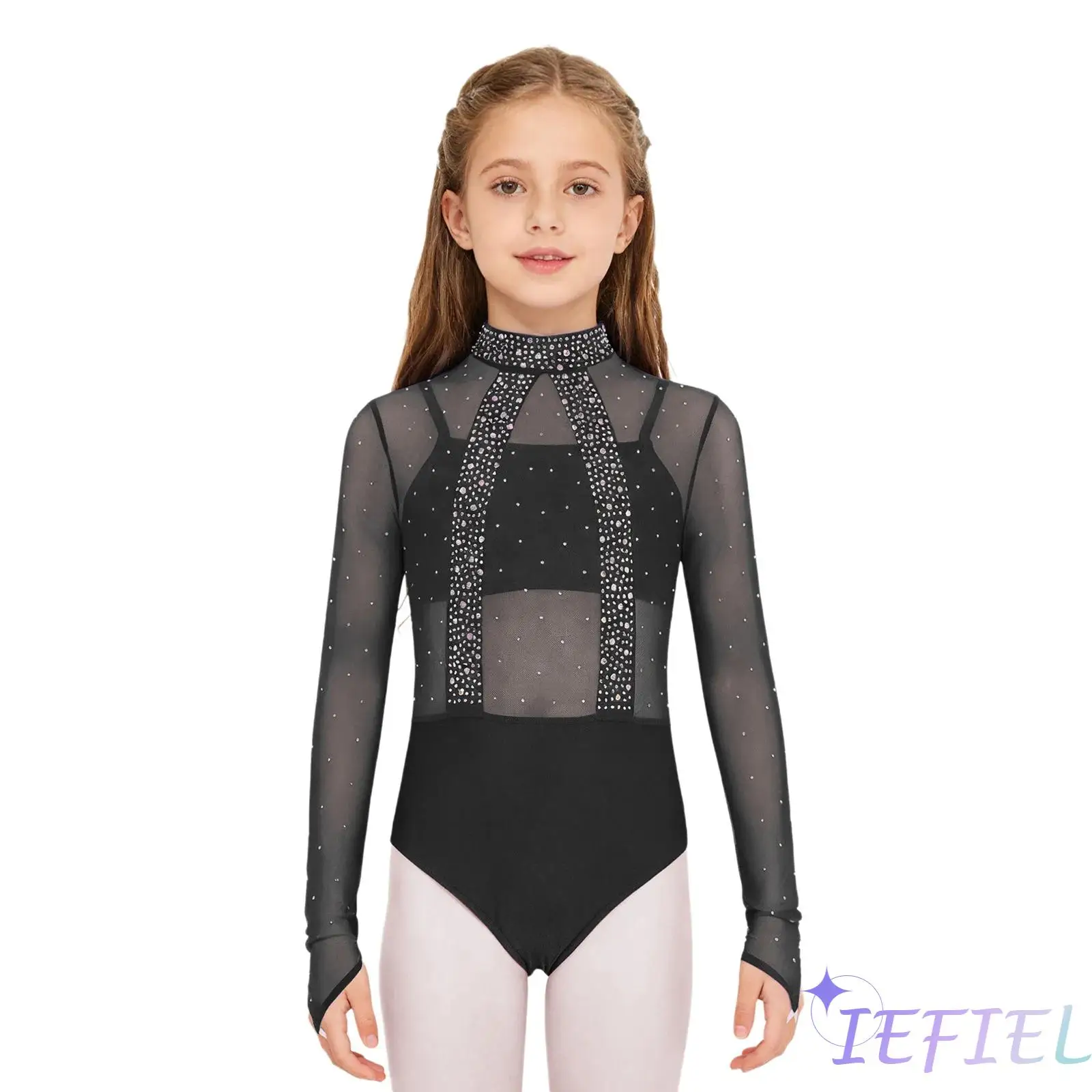 

Kids Girls Gymnastics Lyrical Dance Leotard Long Sleeve Cutout Back Sheer Mesh Bodice Leotard with Spaghetti Straps Camisole Set