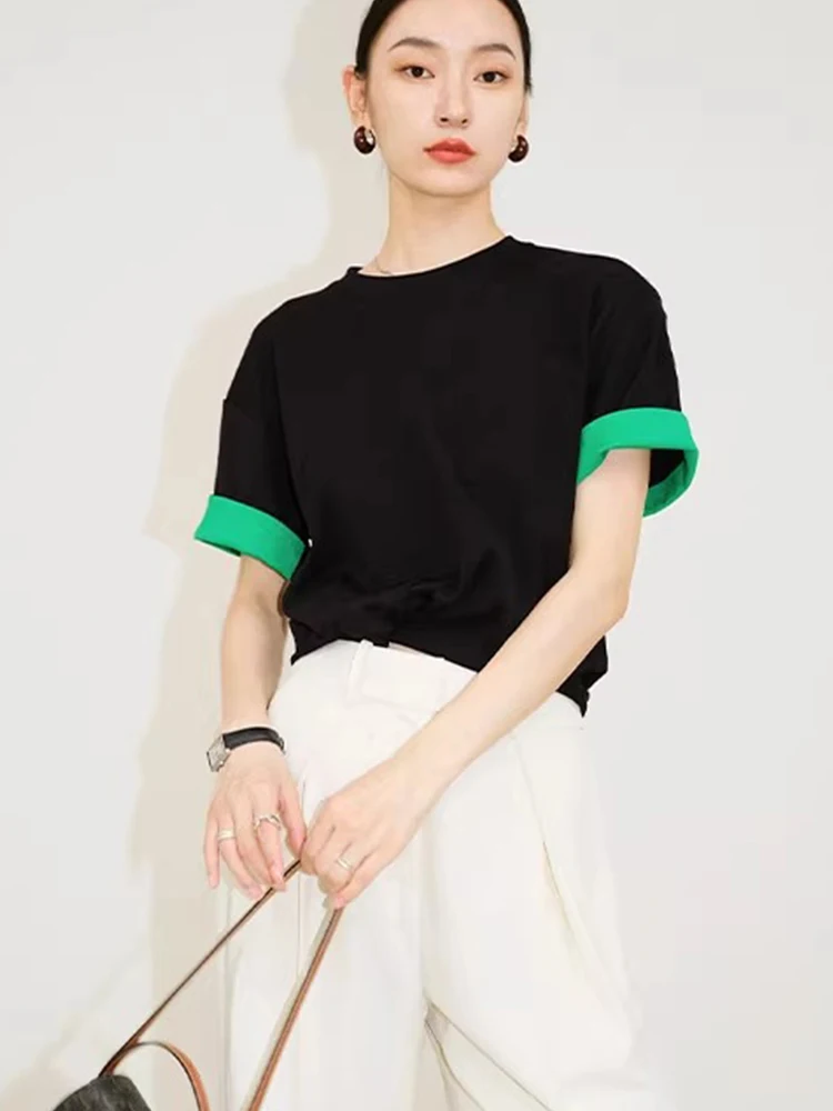 เสื้อยืดทรงสลิมฟิต คอกลม ดีไซน์ลายปะติด ผ้าฝ้ายแท้ เสื้อยืดเรียบง่าย สไตล์เกาหลี ใส่สบายในฤดูร้อน