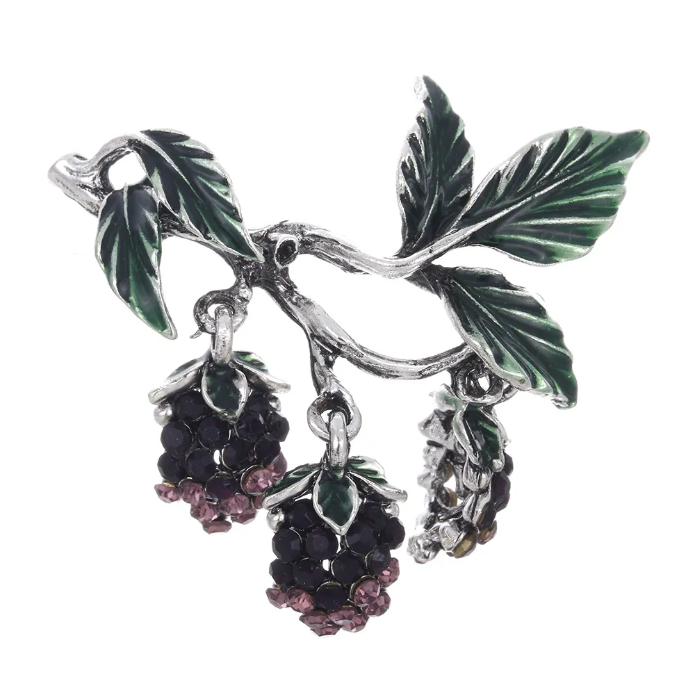 Women Enamel Blackberry Brooch Purple Rhinestone Raspberry Leaf Metal Lapel Pin Fruit Brooches Coat Jewelry