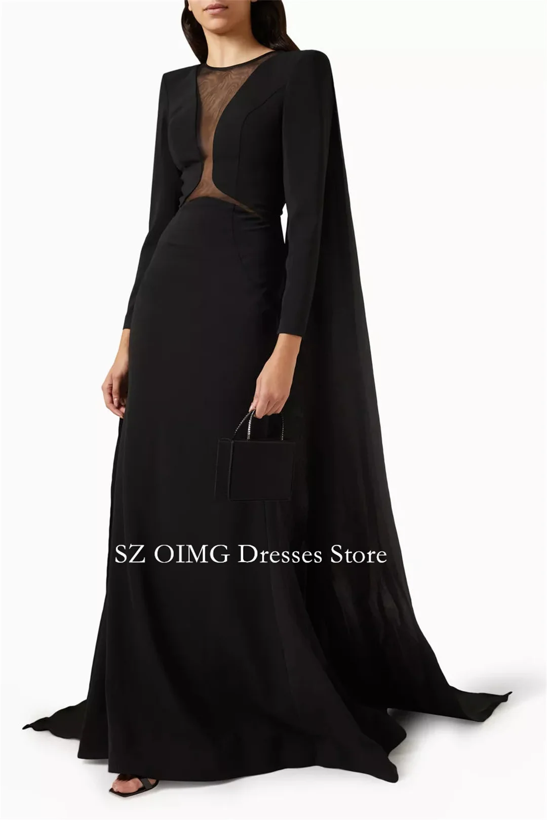 

OIMG New Design Round Neck Prom Dresses Saudi Arabic Women Cape Sleeves Black Crepe Satin Evening Gowns Formal Party Dress