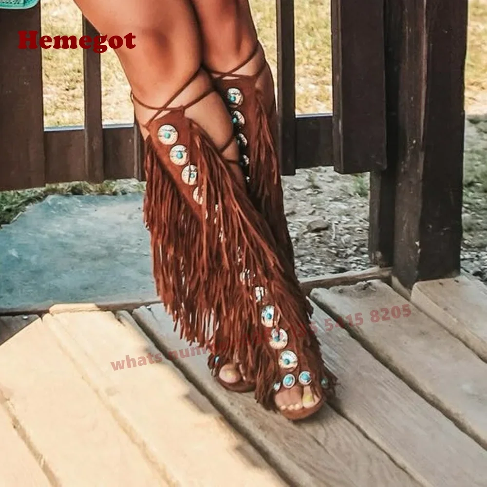 Gemstone Tassel Sandals Frigne Open Toe Stiletto Heels Lace Up T-Strap Slingback Women\'s Sandals 2025 New Summer Brown Luxury
