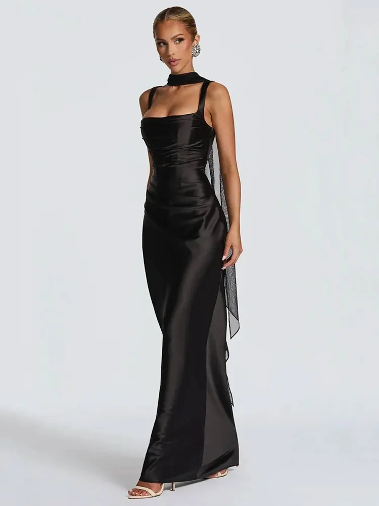 GACVGA Satin dos nu Sexy robe Maxi femmes élégant licou épaules dénudées sans manches dos à lacets moulante Club fête longues robes