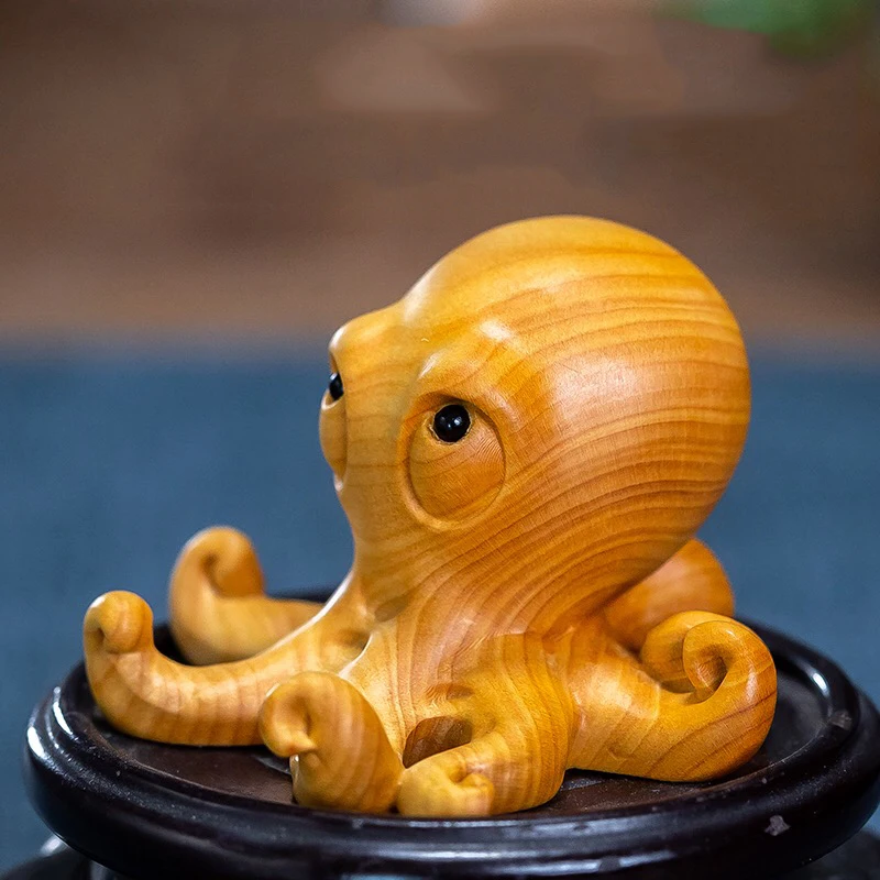 XS800- 6 CM Pretty Octopus Boxwood Sculpture Animal Figurine Mini Statue Birthday Gift