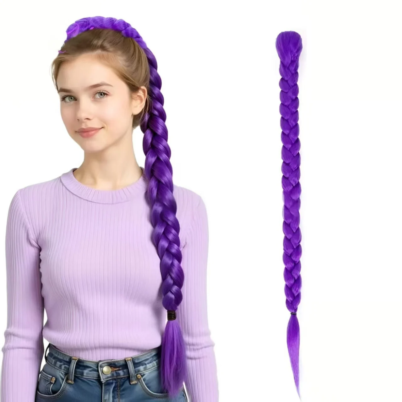 

28 Inch Long Purple Braid Ponytail Extensions Pre Stretched Purple Hair Extensions for Braids Easy Clip in Ponytail for Cosplay