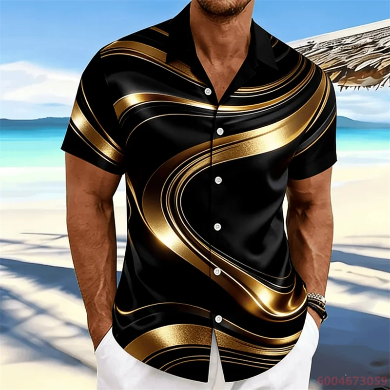 2026 Men's Black and Gold Gradient Wave Print Short-Sleeve Shirt, New Summer Casual Top, Hawaiian Shirt, Comfortable Fabric