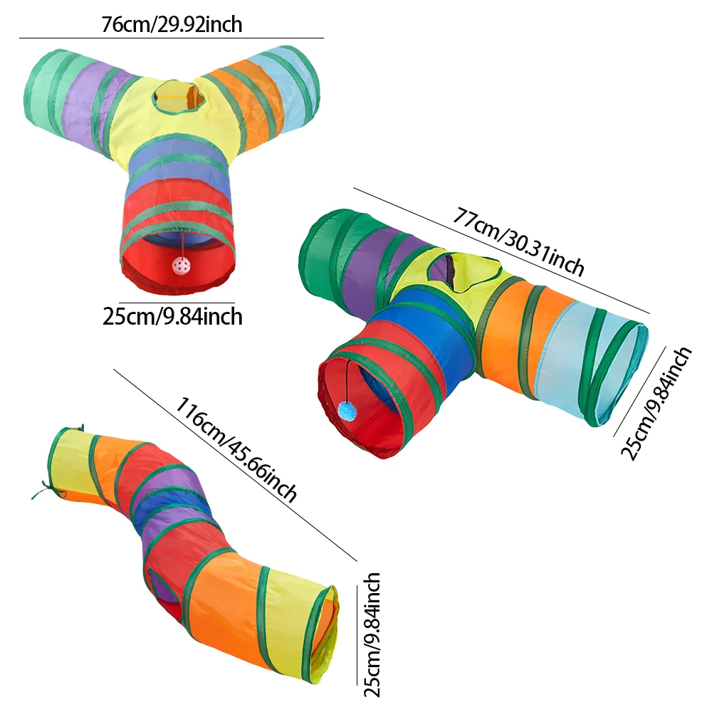 Rainbow Cat Tunnel Collapsible Multi-Channel Play Tube with Hanging Ball Foldable Indoor Hideaway for Cats Kittens