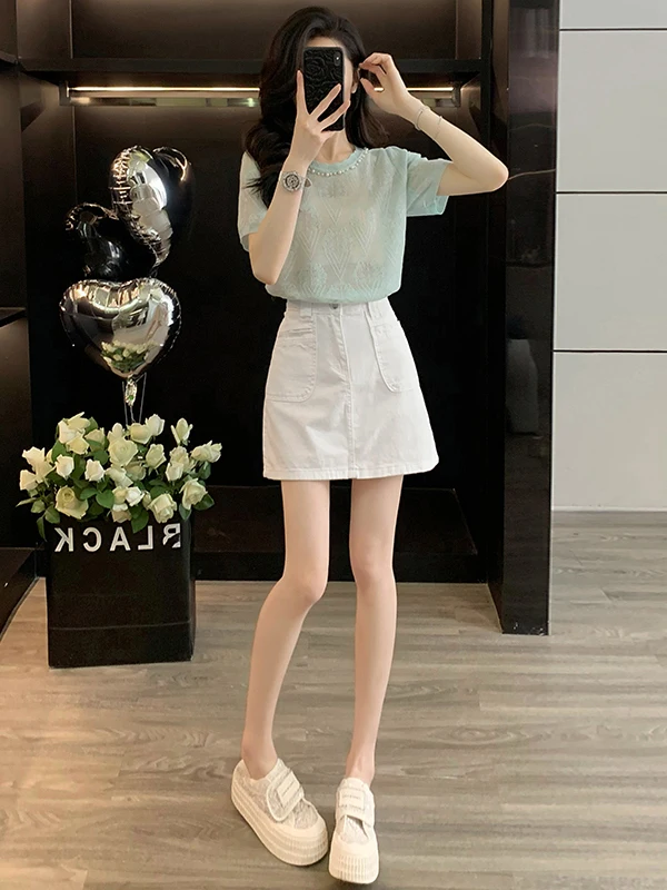 

Summer Lightweight Luxury Knitted Short Sleeve T-Shirt And White Denim Skirt Two-Piece Set for Women round Neck Cotton B...
