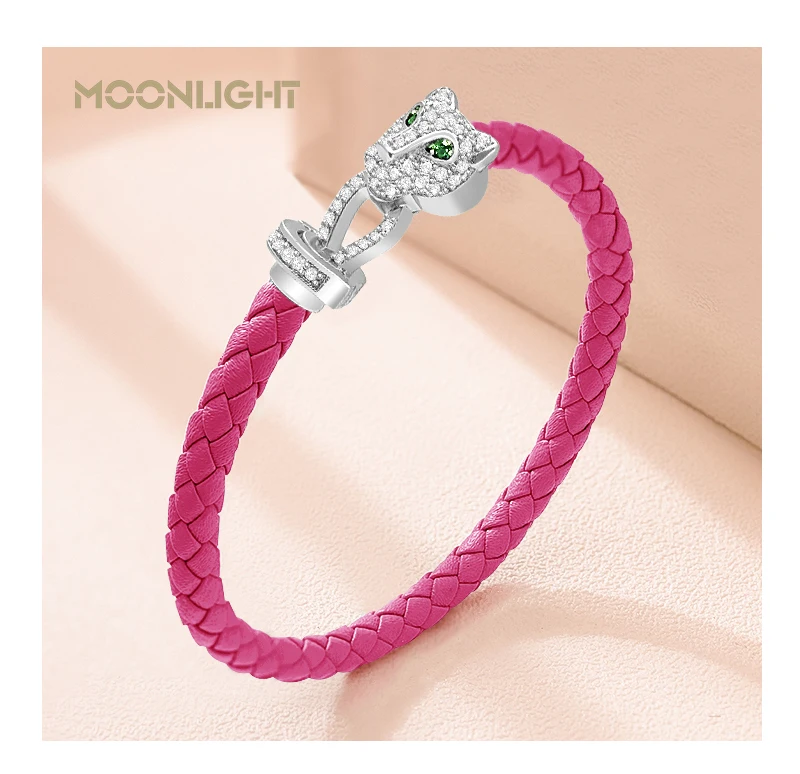 MOONLIGHT Classic Design Exquisite Cheetah Zircon Bracelet for Women Braided Leather Bracelet Quality Banquet Couples Gift