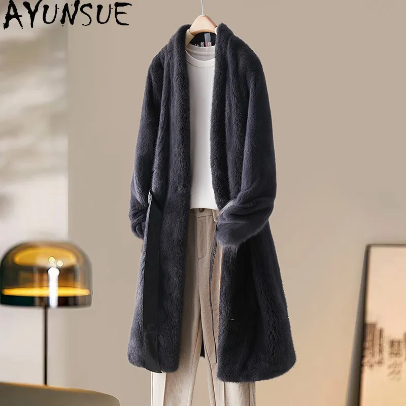 AYUSNUE Natural Female Mink Coat Women Clothing Winter Jacket Mid-length Warm Real Fur Coats Belt Purple Label Шуба Женская