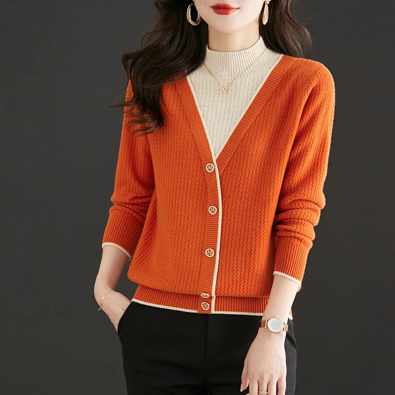 Half High Neck Sweater Women's Clothing Fake Two Piece Bottoming Top New Autumn Winter Long Sleeved Warm Knitted Pullovers