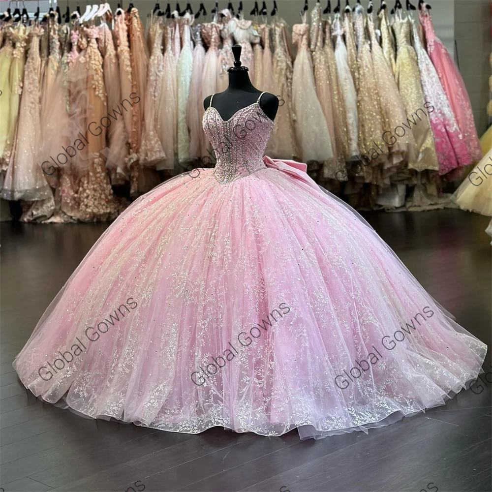 Vestido De baile De quinceañera rosa para niñas, vestidos De fiesta De cumpleaños con cuentas brillantes, vestidos De graduación con cordones en la espalda